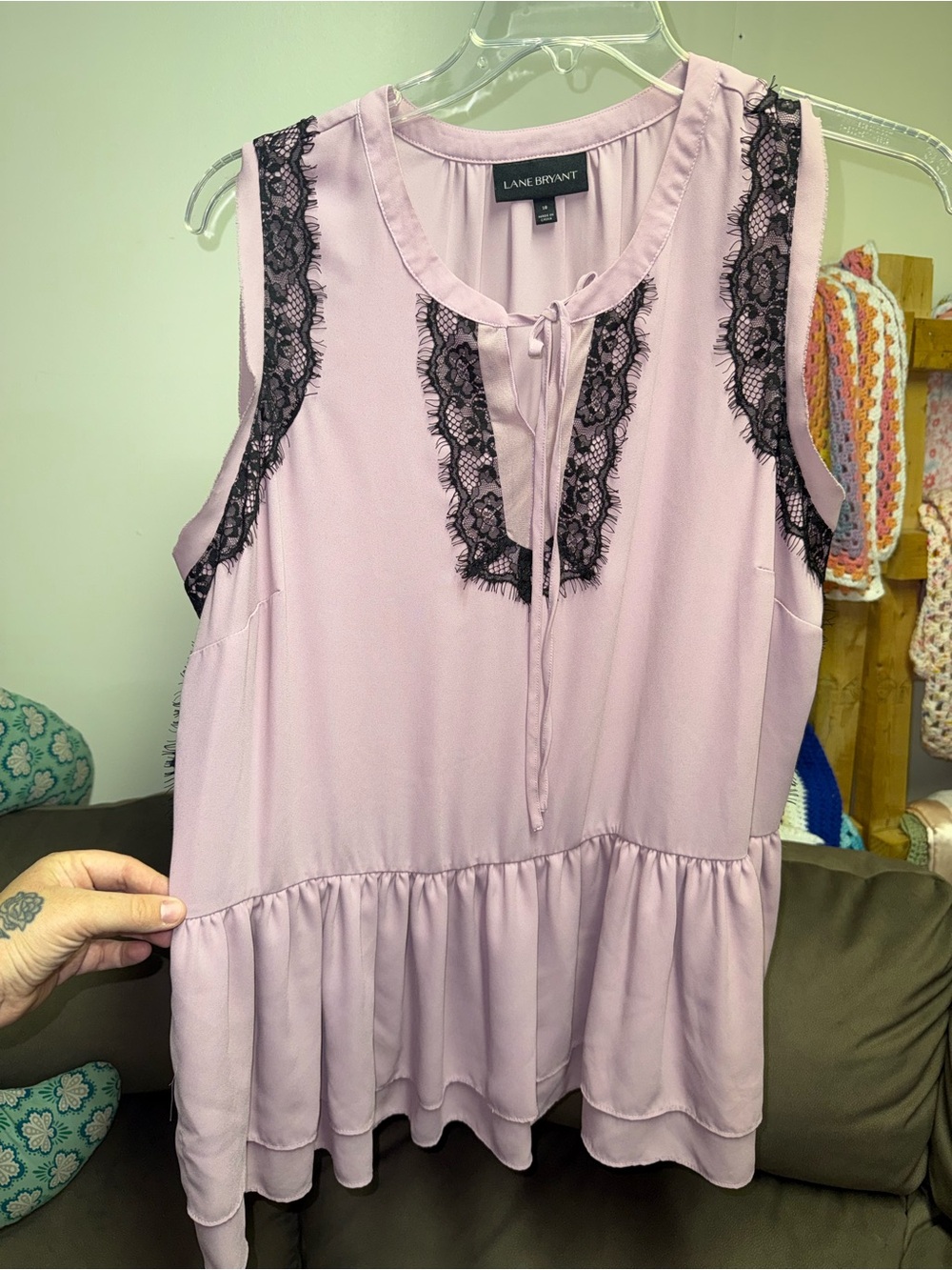 Lane Bryant Lilac Sleeveless Peplum Top with Black Lace Trim